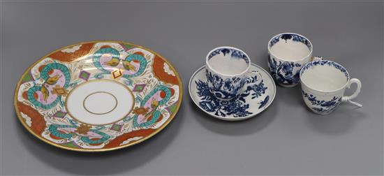 A group of 18th century Worcester coffee wares and an early 19th century English porcelain hydra plate,